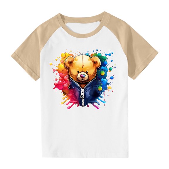 Virmaxy Boys Girls Fashion Cute Printed T-shirt Children's Plug Sleeve Casual Short Sleeve Top Summer Loose Trend Pullover Shirt Beige-1 3 Years