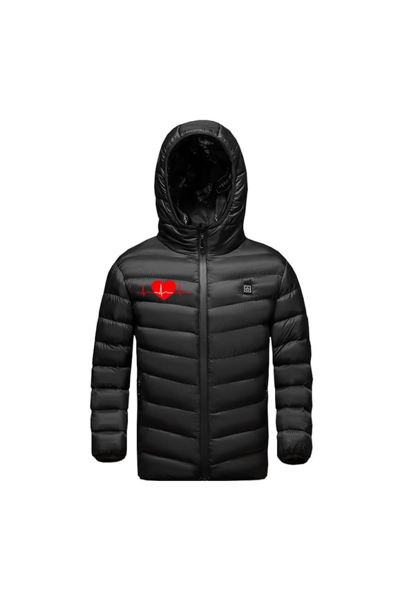 Boys and Girls Winter Heated Coat 3 Areas Heating Zip Up Padded Jacket Love EGC Graphic Winter Hooded Plus Size Jacket USB Intelligent Constant Temp-Heated Coat For Children Black 6T
