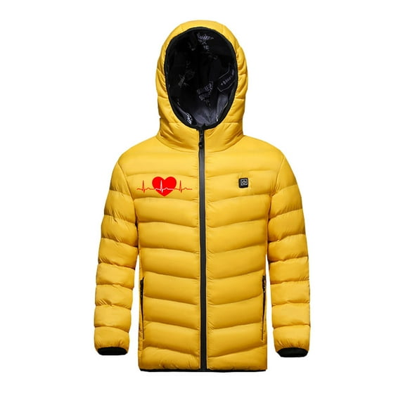 Virmaxy Boys and Girls Winter Heated Coat 3 Areas Heating Zip Up Padded Jacket Love EGC Graphic Winter Hooded Plus Size Jacket USB Intelligent Constant Temp-Heated Coat For Children Yellow 12Y