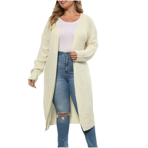 Virmaxy Cable Knit Cardigan Women's Casual Loose Cuffs Long Solid Color Long Knitted Cardigan Jacket Cardigans For Women Trendy Beige-B 2XL