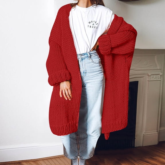 Virmaxy Cable Knit Cardigan Women's Fashion Knitted Long Pattern Cardigan Sweater Coat Chunky Knit Cardigan Red XS