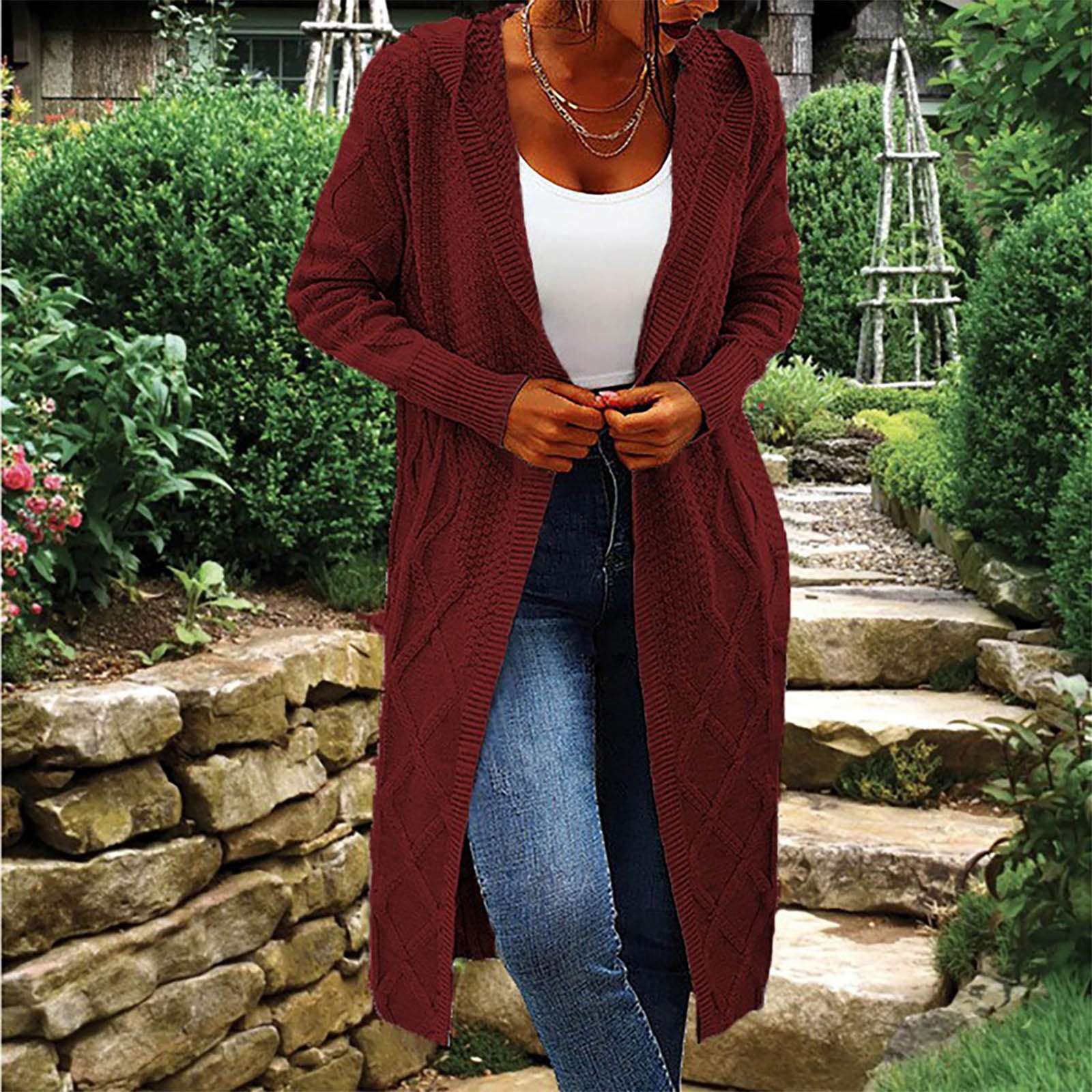 Virmaxy Cable Knit Cardigan Women s Knitwear Loose Mid length Irregular Lapel Sweater Cardigan Chunky Knit Cardigan Burgundy 2XL Walmart