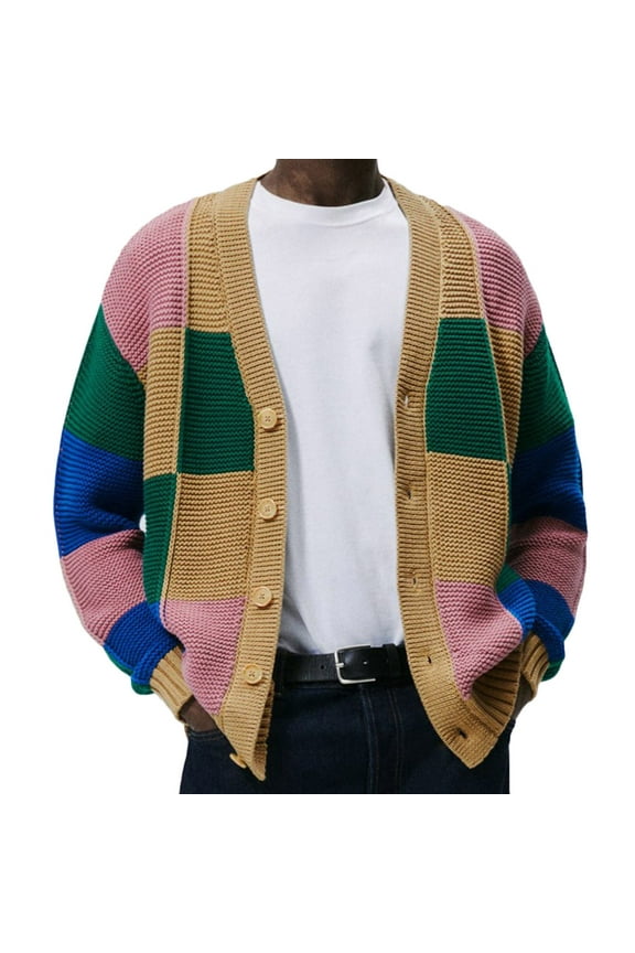 Cardigan Sweaters For Men Color Block Shawl Neck Sweater Tops Long Sleeve Button Closure Knit Sweater Cardigan Casual Relaxed Fit Jumper Coat Yellow S