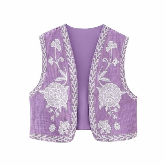 Virmaxy Cardigan Vest For Women Vintage Embroidered Vest Tops Linen Cropped Sleeveless Floral Cardigans Fashion Vests Short Cardigans For Women Purple-B S