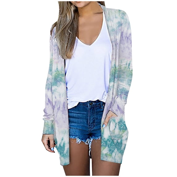Virmaxy Cardigans For Women Cover Up Lightweight Casual Tie-Dye Blouses Open Front Cardigan With Pockets Long Cardigans For Women White XL