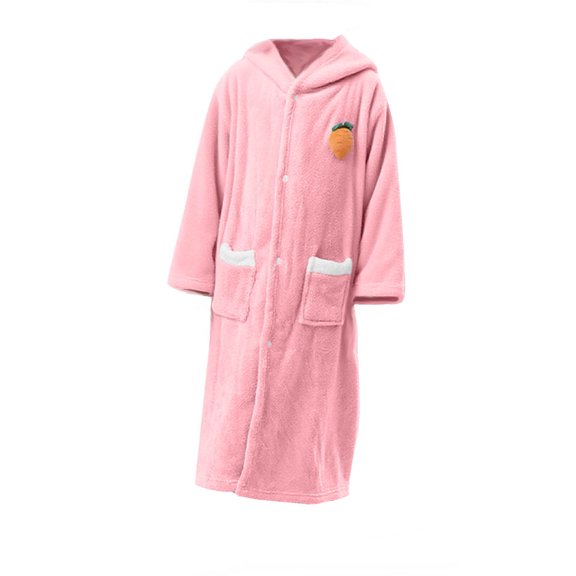 Virmaxy Carrot Print Ears Hooded Bathrobe with 2 Pocket Super Soft Double Sided Fleece Absorbent Robe for After Bath Lounge, for 4.1'-4.6' Pink