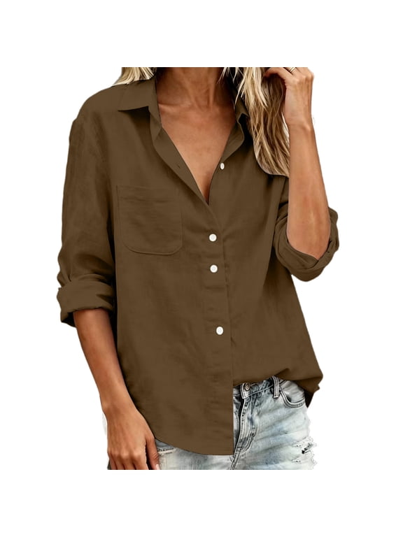 Casual Linen Button Up Shirt Women Oversized Long Sleeve Collared Blouse with Pocket and Roll Up Cuff Work Vacation Tops Solid Shirts for Spring Summer Wear Brown