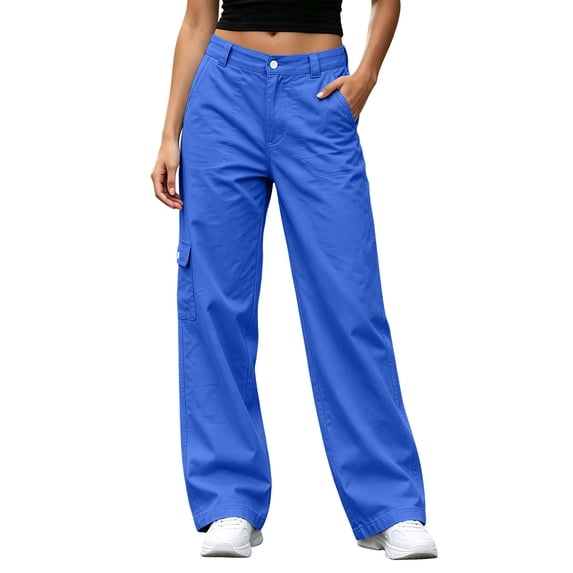 Virmaxy Casual Straight Leg Cargo Pants for Women Baggy Relaxed Fit Utility Pants with Pockets for Outdoor Hiking Travel Streetwear