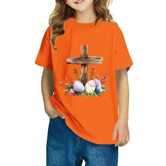 Virmaxy Children's Spring Easter Outfit Tops Bunny & Cross Print Cotton Top for 3-10Yrs Outdoor Events Easter Parades Orange-4 3 Years