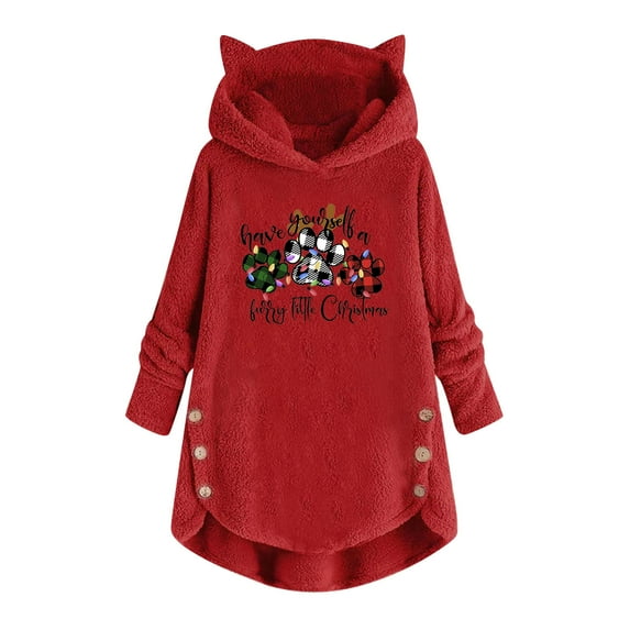 Virmaxy Christmas Sherpa Fleece Hoodies for Women Cat's Paw Letter Printed Cat Ear Hooded Sweatshirt Long Sleeve Pullover Side Button Fuzzy Fleece Tops with Pocket Red-A L