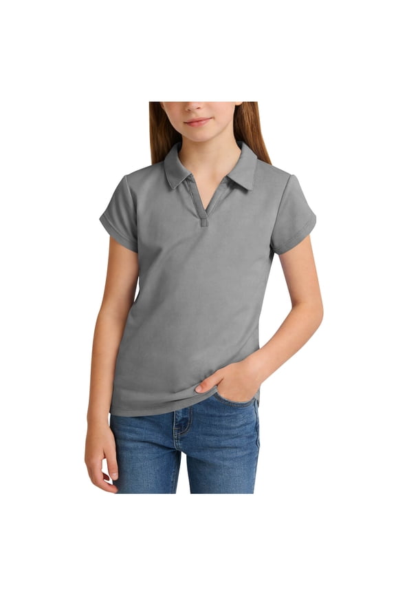 Collared V Neck Short Sleeve T-shirt Boys Preppy Style Top for Back to School and Casual Everyday Wear, for 5-15 Years Gray