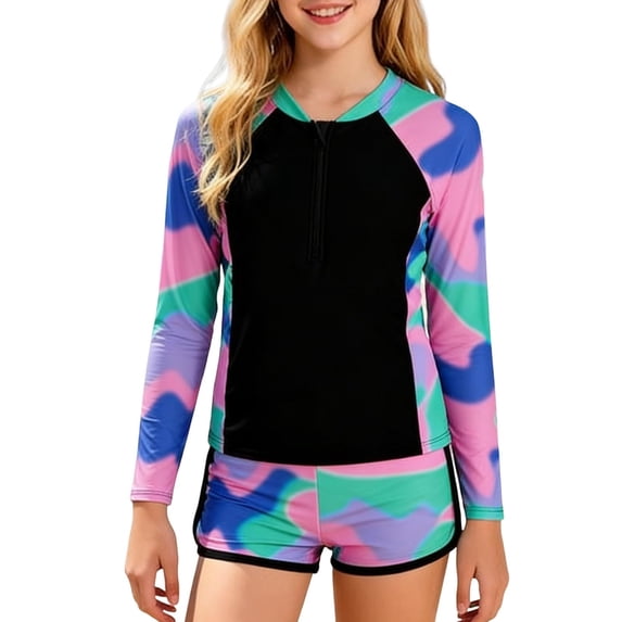 Virmaxy Color Block Long Sleeve Rash Guard Swim Shorts Set Sun Protective Two Piece Swimsuit for Surfing Beach and Water Sports,for 6-13 Years Multicolor