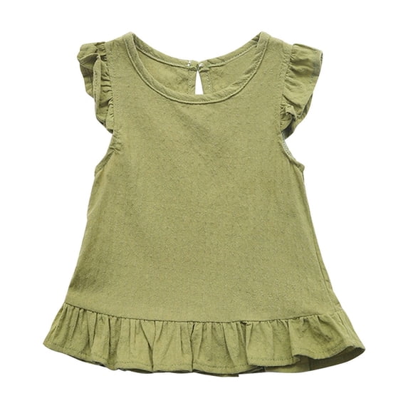Virmaxy Cotton Linen Ruffle Trim Peplum Top Solid Color Keyhole Back Sleeveless Blouse with Button Detail for Sweet Casual and Vacation Style, for 3-7Y
