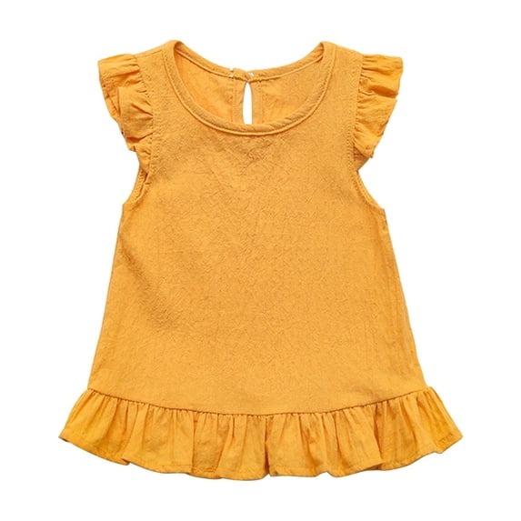 Virmaxy Cotton Linen Ruffle Trim Peplum Top Solid Color Keyhole Back Sleeveless Blouse with Button Detail for Sweet Casual and Vacation Style, for 3-7Y