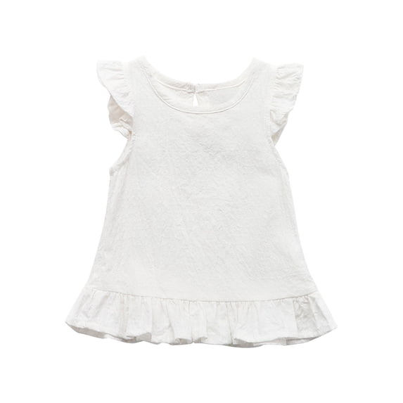 Virmaxy Cotton Linen Ruffle Trim Peplum Top Solid Color Keyhole Back Sleeveless Blouse with Button Detail for Sweet Casual and Vacation Style, for 3-7Y