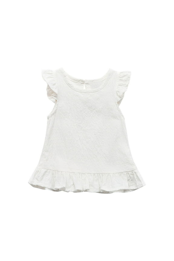 Cotton Linen Ruffle Trim Peplum Top Solid Color Keyhole Back Sleeveless Blouse with Button Detail for Sweet Casual and Vacation Style, for 3-7Y