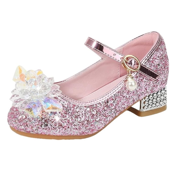 Virmaxy Crystal Flower Buckle Anti Slip Mary Jane Shoes Glitter Closed Toe Block Low Heel Shoes for Wedding and Formal Occasions, for 4-12.5Y