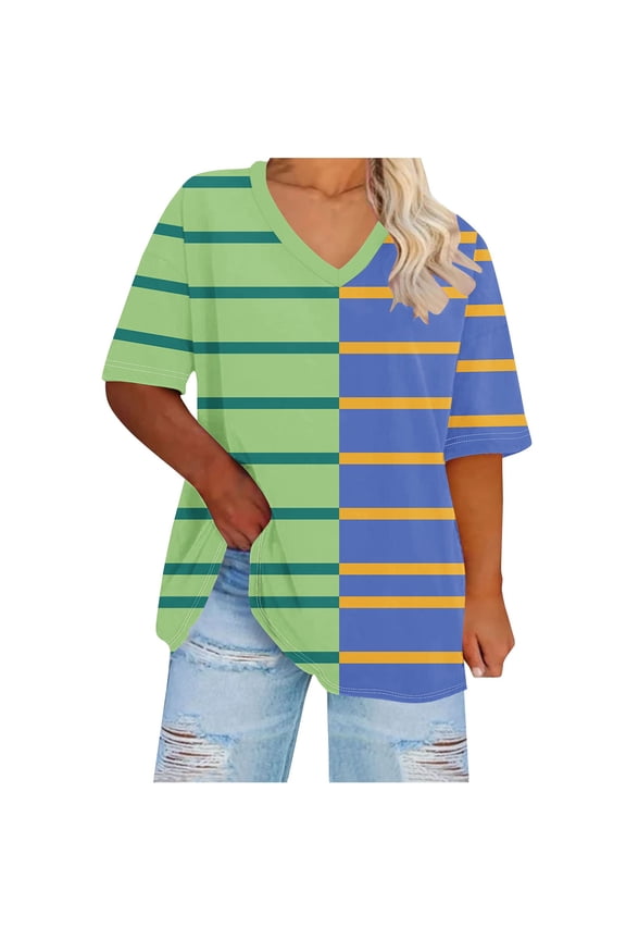Curve-Friendly V-Neck Base Layer Top Breathable Striped & Dotted Oversized T-Shirt for Summer Music Festivals Mall Strolls Green-1 XXL