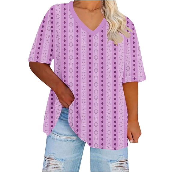 Virmaxy Curve-Friendly V-Neck Base Layer Top Breathable Striped & Dotted Oversized T-Shirt for Summer Music Festivals Mall Strolls Hot Pink-2 XL