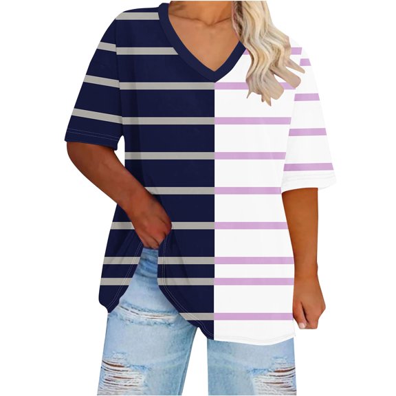 Virmaxy Curve-Friendly V-Neck Base Layer Top Breathable Striped & Dotted Oversized T-Shirt for Summer Music Festivals Mall Strolls Navy-1 XXL