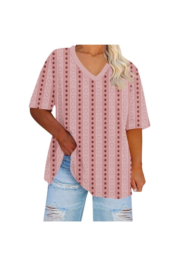 Curve-Friendly V-Neck Base Layer Top Breathable Striped & Dotted Oversized T-Shirt for Summer Music Festivals Mall Strolls Pink-2 XXXXL