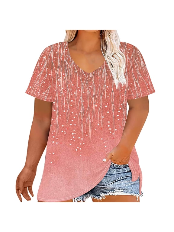 Curve-Friendly V-Neck Gradient T-Shirt Women's Plus-Size Breathable Top with Artistic Print for Picnics Summer Events Beige-6 XXL