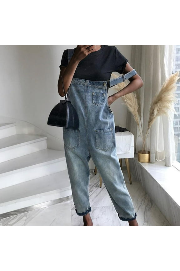 Denim Overalls For Women Summer Casual Pocket Romper Long Playsuit Strap Button Jumpsuit Overalls For Women Loose Fit Blue-A S