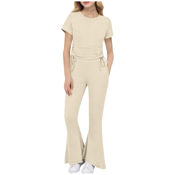 Virmaxy Drawstring Crop Top and High Waist Flare Pants Set Two Piece Summer Outfit for Stylish Casual and Active Wear, for 3-10 Years