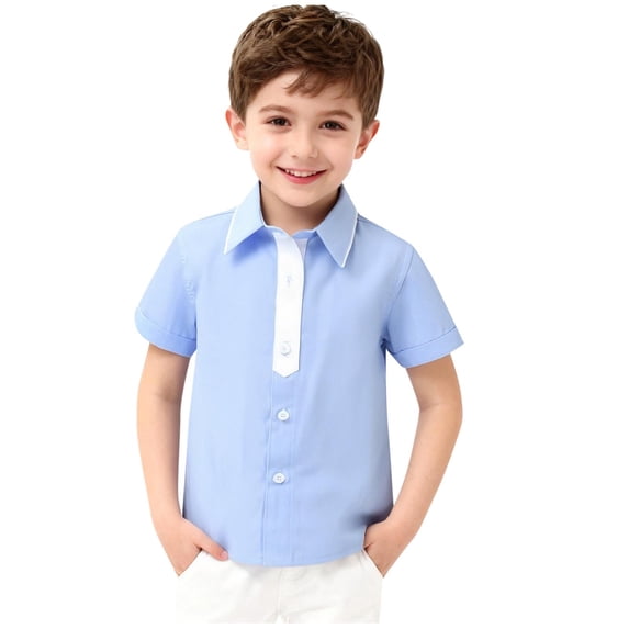 Virmaxy Embroidered Color Block Collared Short Sleeve Shirt Button Down Front Casual Basic Top for Stylish Everyday Wear, for 3-14 Years Blue