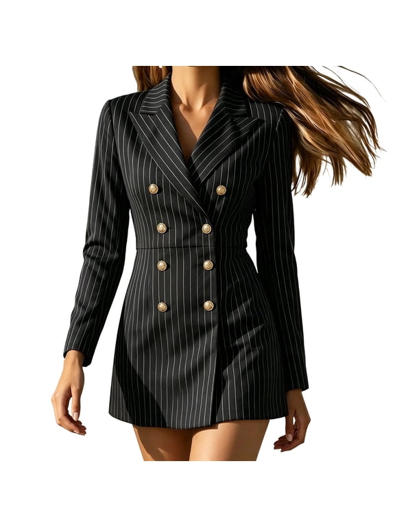 Fall Dress for Women Pinstripe Blazer Dress Long Sleeve Double Breasted Business Dress Notched Lapel Tailored Work Dress for Meetings and Working