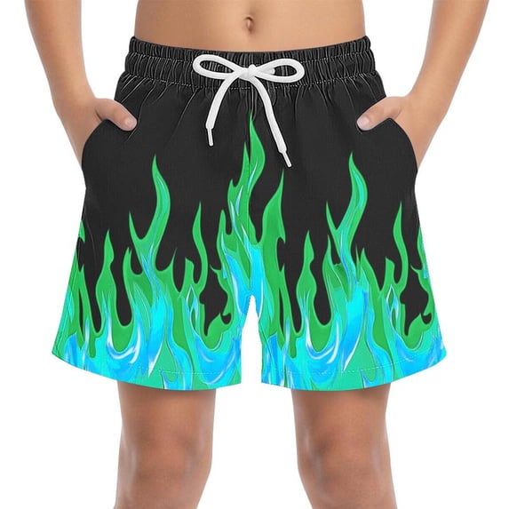 Virmaxy Flame Print Quick Dry Beach Shorts Elastic Waist Drawstring Summer Trunks with Side Pockets Lightweight Vacation Shorts, for 4-15Y