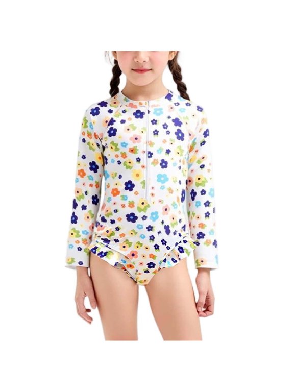 Floral Print Long Sleeve Half Zip Swimsuit One Piece Sun Protective Bathing Suit with Easy Front Closure for Pool and Beach,for 3-6 Years White