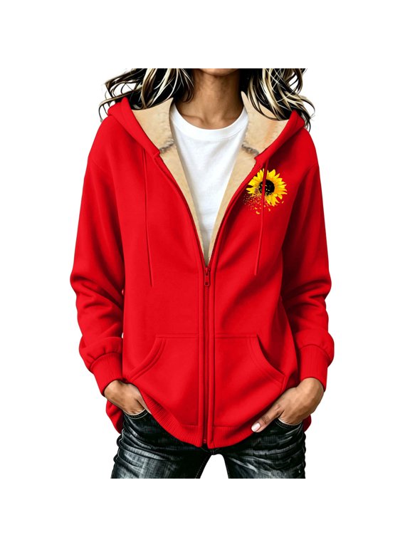Fluzzy Jackets for Women Sunflower Graphic Fleece Hoodie Zip Up Sherpa Lined Jacket Warm Winter Coat with Pockets for Daily Wear