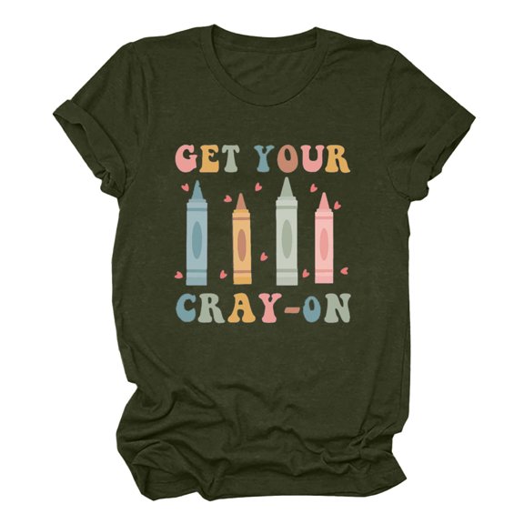 Virmaxy Get Your Crayon Womens Trendy Letter Printed Dressy Tops Round Neck Short Sleeve Loose Blouses Comfy Tunic Tops Summer Fashion Casual Baggy Basic Tee Olive Green XS