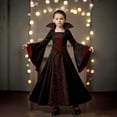 thumbnail image 1 of Virmaxy Girls Halloween Costume High Collar Lace Up Front Gothic Dress Long Bell Sleeve Floral Maxi Dress for Vampire Witch Party Sizes 3T 13Y, Wine, 1 of 11
