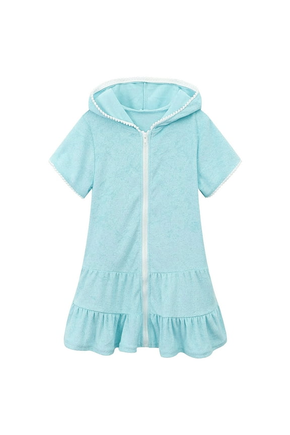 Girls Kids Hooded Robes Toddler Girls Full Zip Up Swimsuit Coverup Short Sleeve Lightweight Beach Bathing Suit Robe Blue 3T