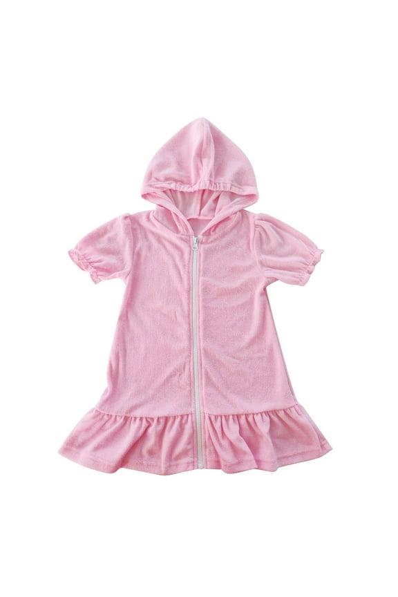 Girls Kids Solid Hooded Robes Toddler Girls Full Zip Up Swimsuit Coverup Puffy Sleeves Lightweight Beach Bathing Suit Robe Pink 4T