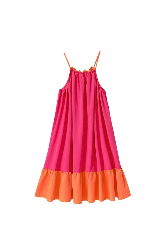 Girls' Summer Patchwork Ruffled Halter Dress Ruffle Hem A-Line Silhouette Camisole Dress with Adjustable Straps for Summer Vacation and Casual Outings,for 13-16 Years