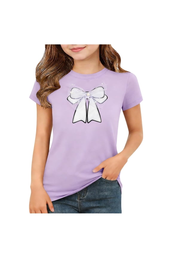 Girls' Summer Short Sleeve Candy Color Bownet T-Shirt Soft Round Neck Top with Shoulder Snap for Easy Dressing and Casual Wear,for 2-12 Years Purple