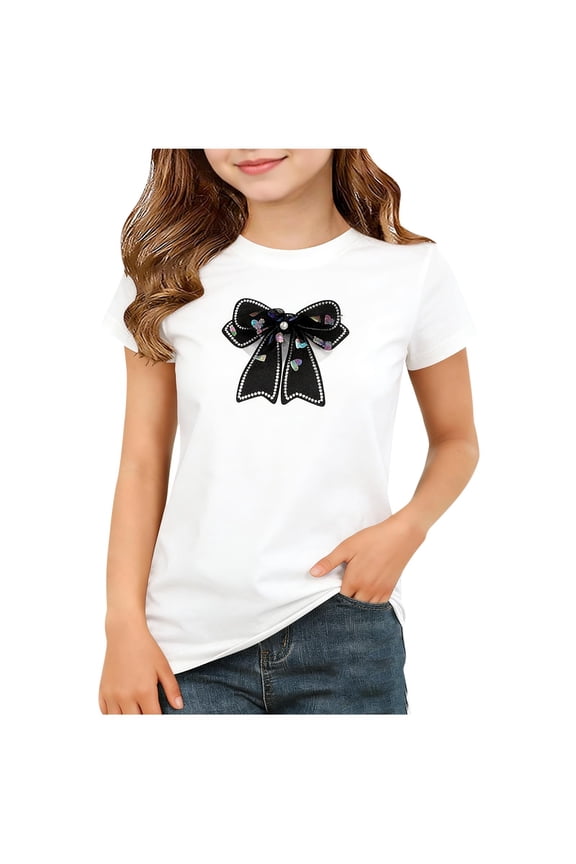 Girls' Summer Short Sleeve Candy Color Bownet T-Shirt Soft Round Neck Top with Shoulder Snap for Easy Dressing and Casual Wear,for 2-12 Years White