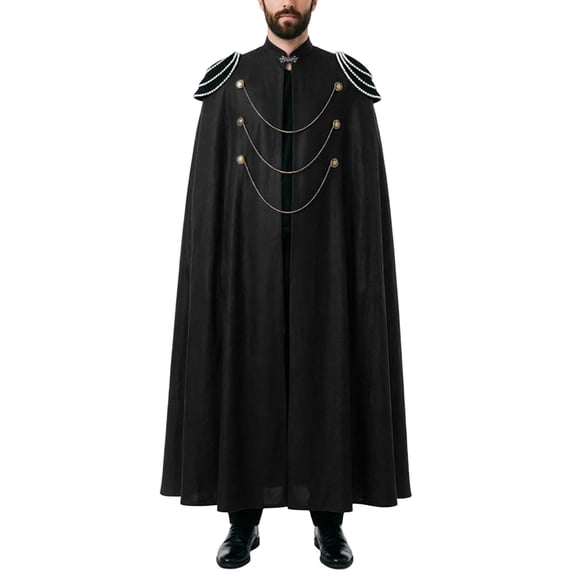 Virmaxy Halloween Costume Men's Costume Cloak High Stand Collar Military Style Cape with Gold Chains for Halloween Cosplay Party Dress Up Black