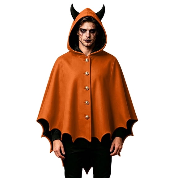 Virmaxy Halloween Costume Men's Halloween Hooded Devil Cape Costume Poncho with Attached Horns Jagged Hem Button Front for Adult Cosplay Party Orange