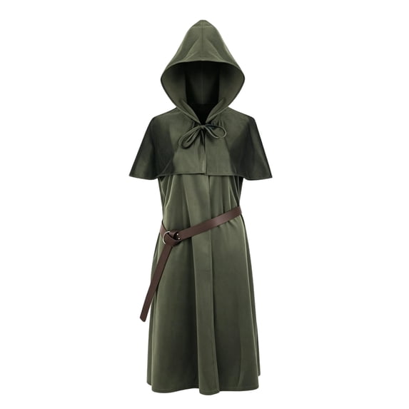 Virmaxy Halloween Costume Men's Medieval Hooded Costume Tunic Short Sleeve Robe with Adjustable Belt for Halloween Cosplay Party Dress Up Army Green