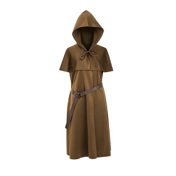 Virmaxy Halloween Costume Men's Medieval Hooded Costume Tunic Short Sleeve Robe with Adjustable Belt for Halloween Cosplay Party Dress Up Brown