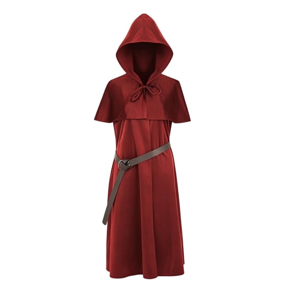 Virmaxy Halloween Costume Men's Medieval Hooded Costume Tunic Short Sleeve Robe with Adjustable Belt for Halloween Cosplay Party Dress Up Wine