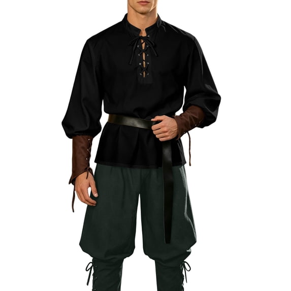 Virmaxy Halloween Costume Men's Renaissance Costume Set Medieval Lace Up Henley Shirt and Drawstring Cuffed Pants with Belt for Halloween Party Army Green