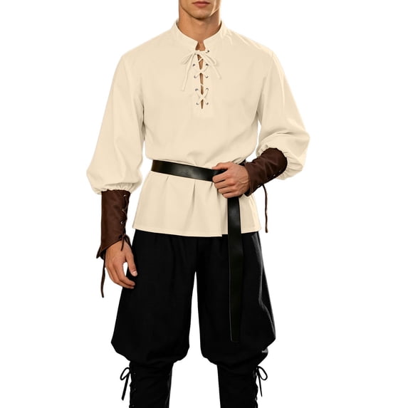 Virmaxy Halloween Costume Men's Renaissance Costume Set Medieval Lace Up Henley Shirt and Drawstring Cuffed Pants with Belt for Halloween Party Beige