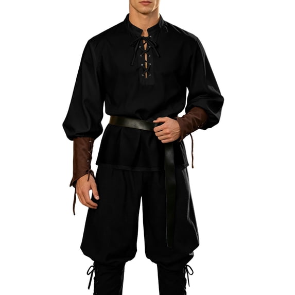 Virmaxy Halloween Costume Men's Renaissance Costume Set Medieval Lace Up Henley Shirt and Drawstring Cuffed Pants with Belt for Halloween Party Black