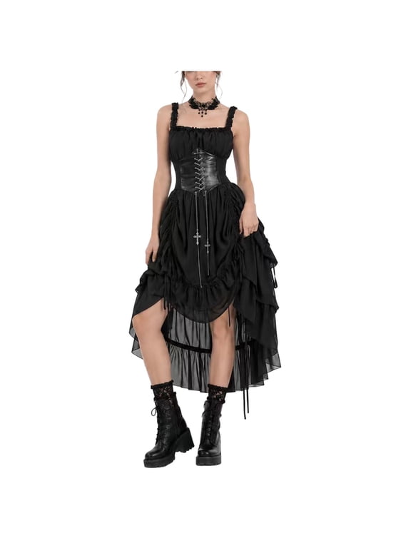 Halloween Costume for Women High Low A Line Dress Sleeveless Spaghetti Strap Tiered Ruffle Hem Gothic Punk Gown with Lace Up Waist for Party and Themed Events Black