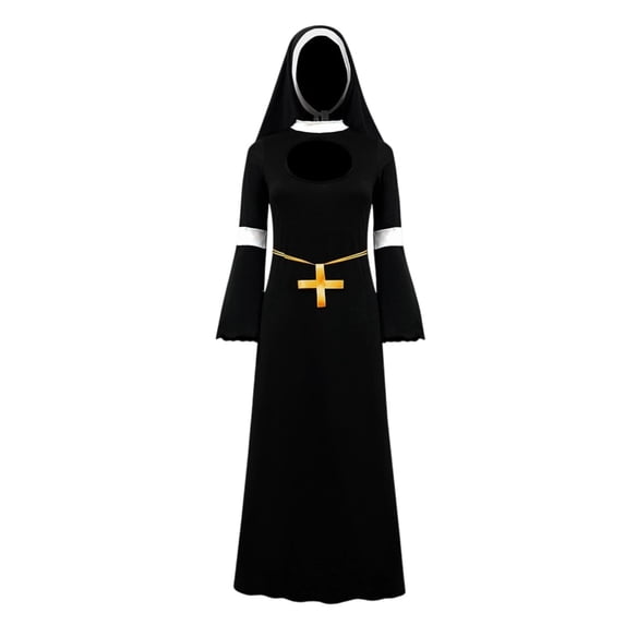 Virmaxy Halloween Costume for Women Hooded Maxi Shift Dress Long Sleeve Nun Habit Dress with White Collar Gold Belt Cross Pendant for Halloween Cosplay Party Black